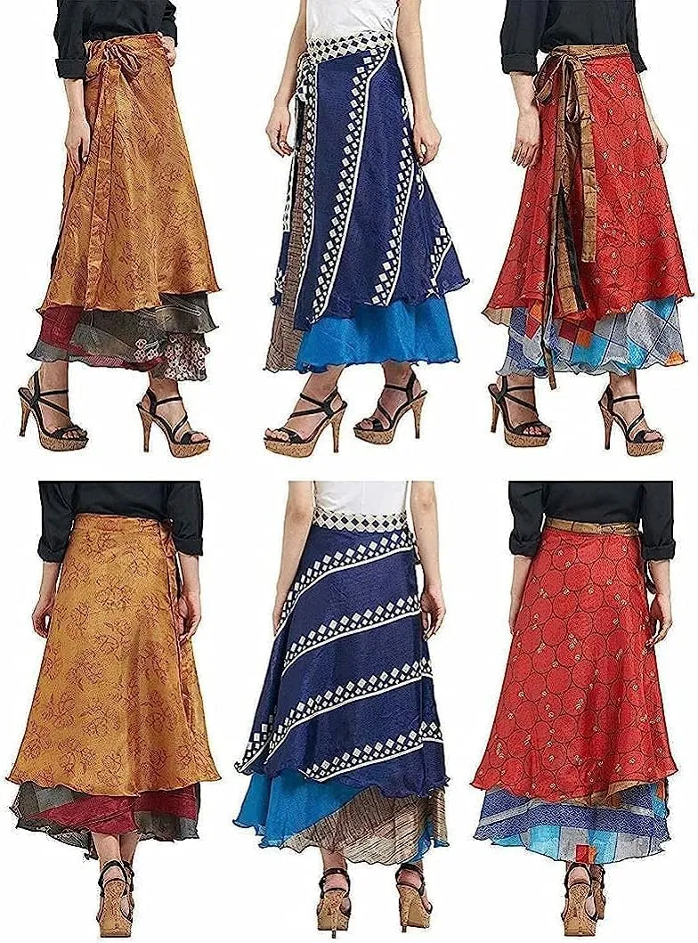 Vintage Mini Silk wrap Skirt Women Beach Skirt Handmade Boho Magic Double Layer Silk Skirt