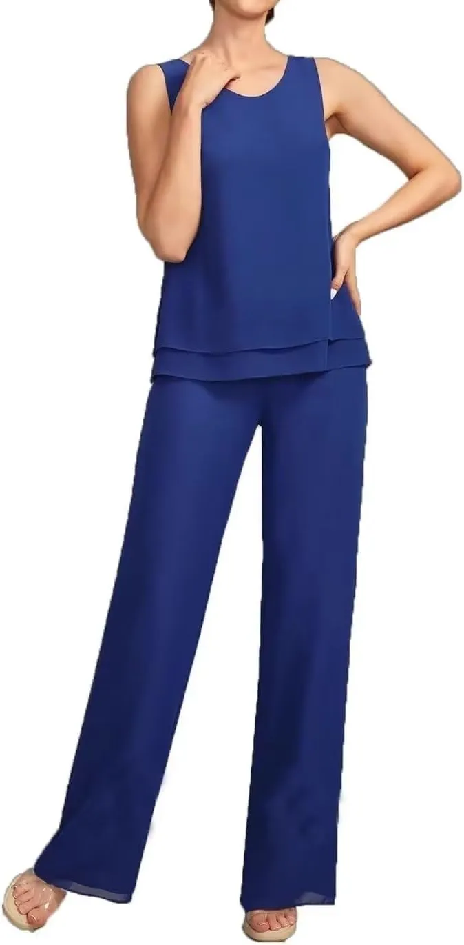 VK Selec Pants Suits 3pcs Chiffon Mother of The Bride Dressy Suits for Wedding Guest with Jacket