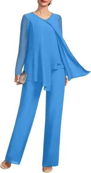 VK Selec Pants Suits 3pcs Chiffon Mother of The Bride Dressy Suits for Wedding Guest with Jacket