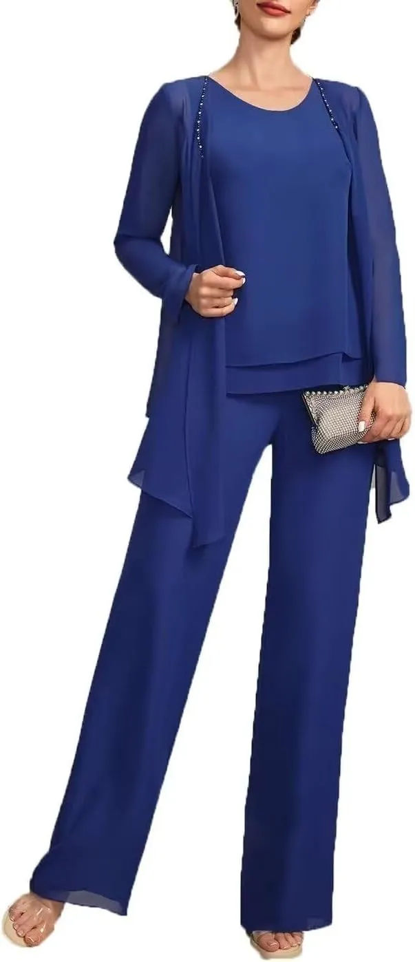 VK Selec Pants Suits 3pcs Chiffon Mother of The Bride Dressy Suits for Wedding Guest with Jacket