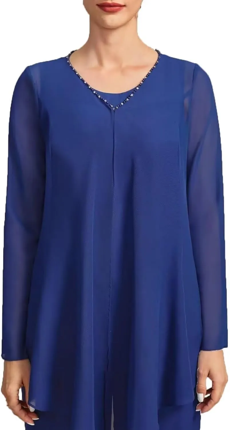 VK Selec Pants Suits 3pcs Chiffon Mother of The Bride Dressy Suits for Wedding Guest with Jacket