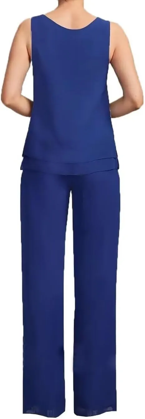 VK Selec Pants Suits 3pcs Chiffon Mother of The Bride Dressy Suits for Wedding Guest with Jacket