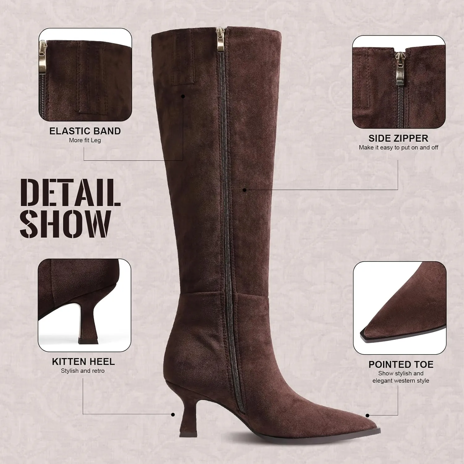 VOMIRA Knee High Boots for Women Black Boots Pointy Toe Kitten Heels Wide Calf Boots 3 In High Heels Long Boots Stiletto Boots Dress Tall Boots