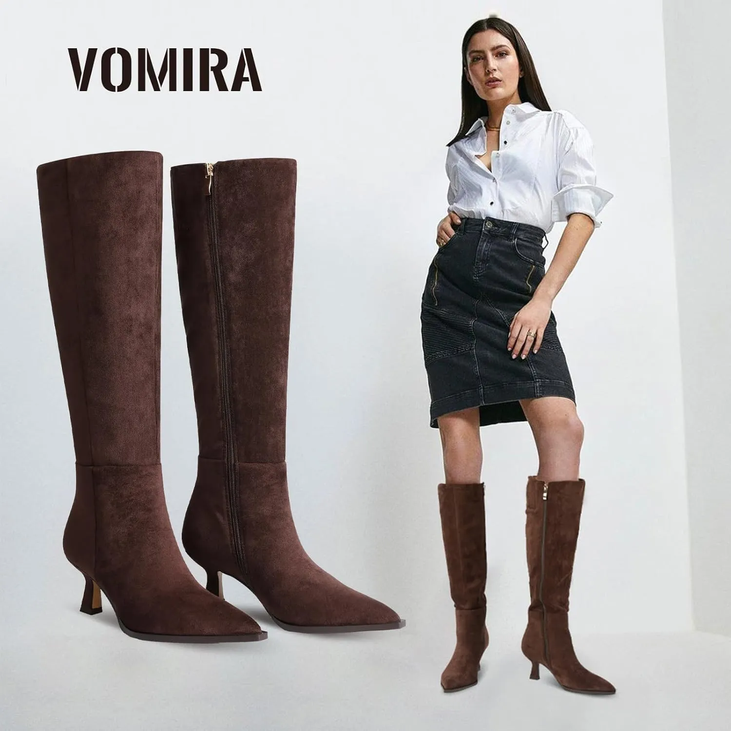 VOMIRA Knee High Boots for Women Black Boots Pointy Toe Kitten Heels Wide Calf Boots 3 In High Heels Long Boots Stiletto Boots Dress Tall Boots