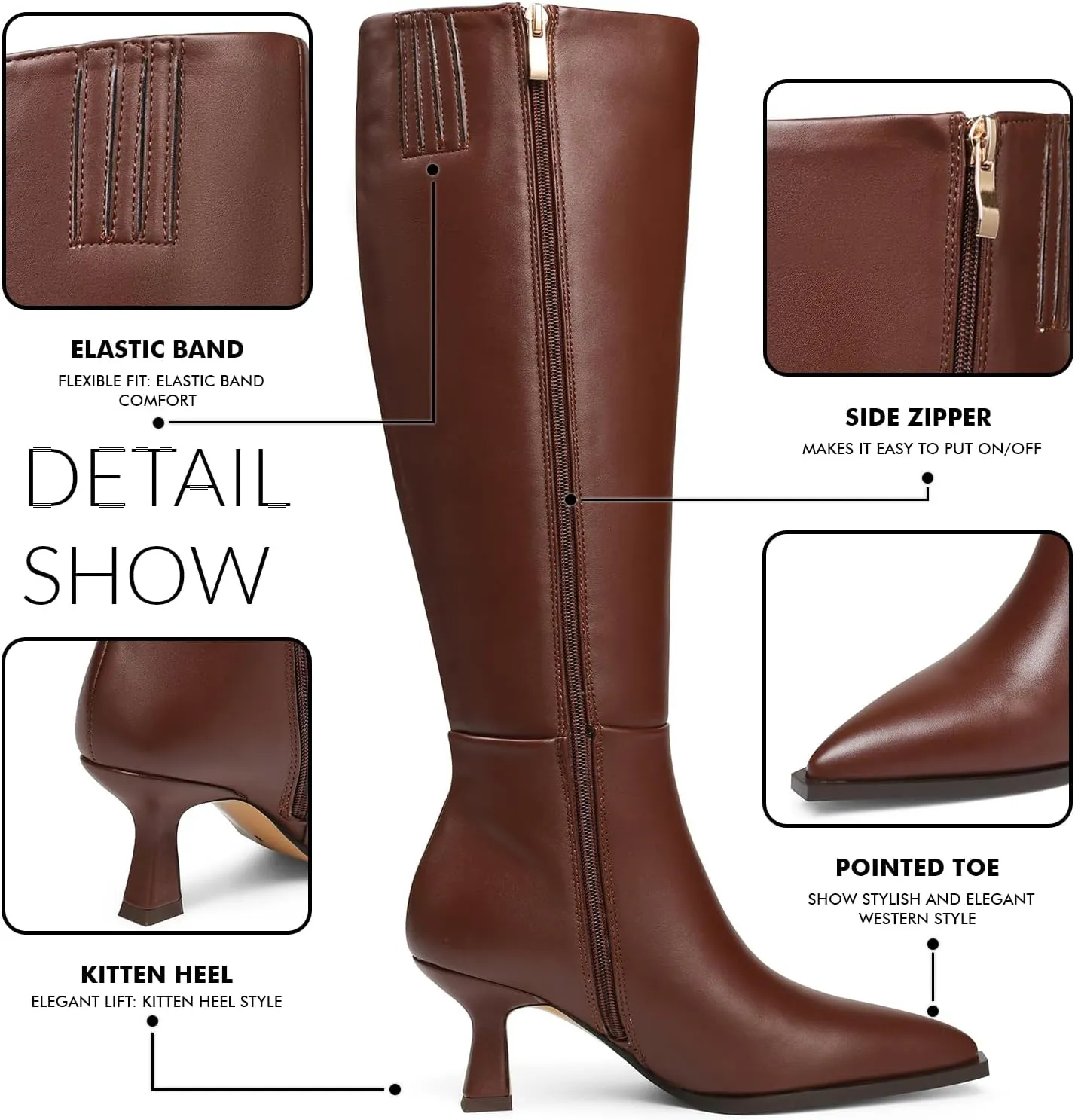 VOMIRA Knee High Boots for Women Black Boots Pointy Toe Kitten Heels Wide Calf Boots 3 In High Heels Long Boots Stiletto Boots Dress Tall Boots