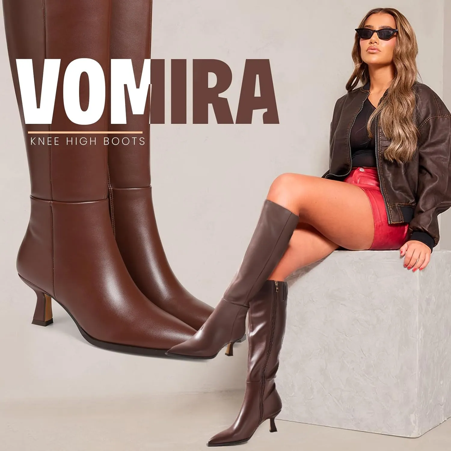 VOMIRA Knee High Boots for Women Black Boots Pointy Toe Kitten Heels Wide Calf Boots 3 In High Heels Long Boots Stiletto Boots Dress Tall Boots