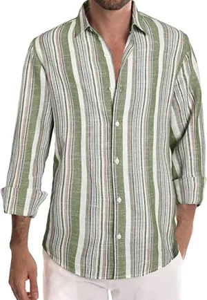 WABEOR Men's Casual Striped Linen Shirts Long Sleeve Button Down Beach Relaxed Fit Dress Shirts Fashion Fall Big and Tall Work Tops