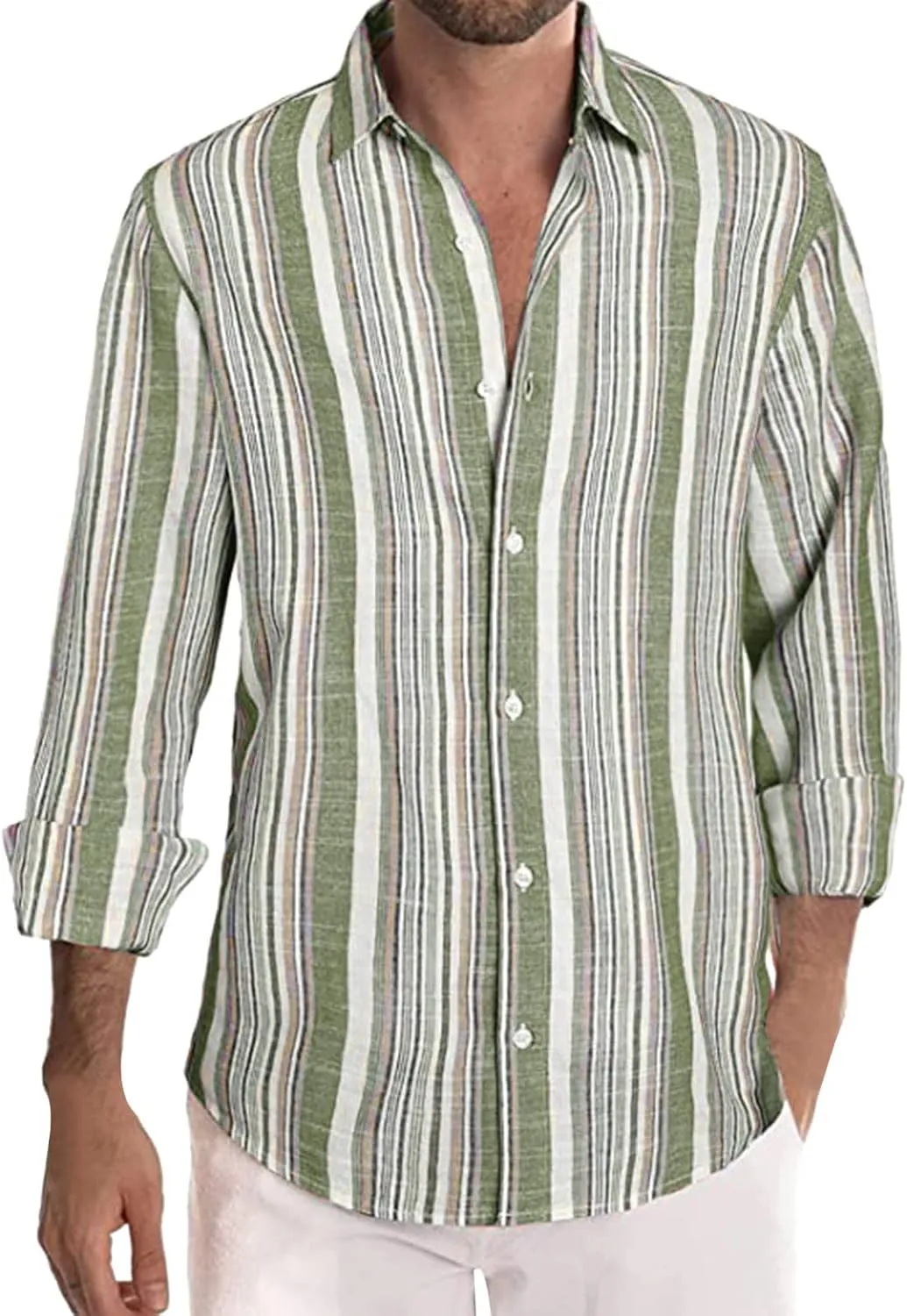 WABEOR Men's Casual Striped Linen Shirts Long Sleeve Button Down Beach Relaxed Fit Dress Shirts Fashion Fall Big and Tall Work Tops