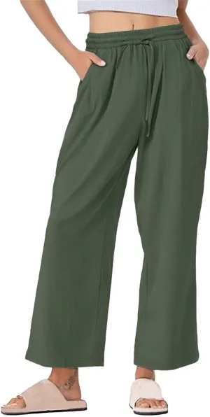 Wide Leg Pants Women Linen Casual Beach Summer Lounge Pants Travel Work Trousers with Pockets for Walking