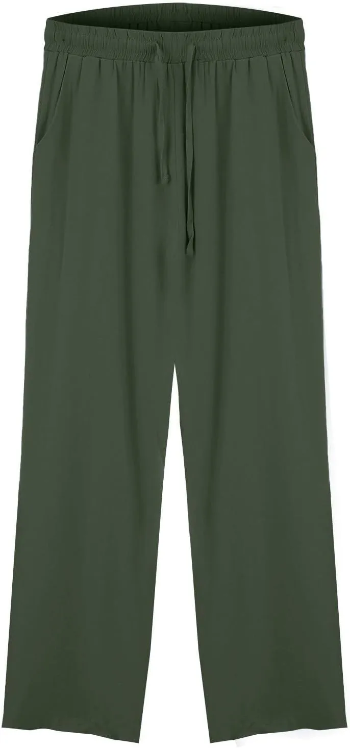 Wide Leg Pants Women Linen Casual Beach Summer Lounge Pants Travel Work Trousers with Pockets for Walking