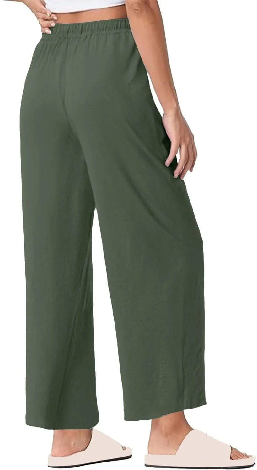 Wide Leg Pants Women Linen Casual Beach Summer Lounge Pants Travel Work Trousers with Pockets for Walking