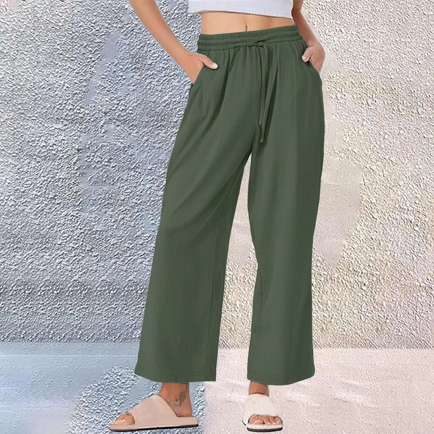 Wide Leg Pants Women Linen Casual Beach Summer Lounge Pants Travel Work Trousers with Pockets for Walking