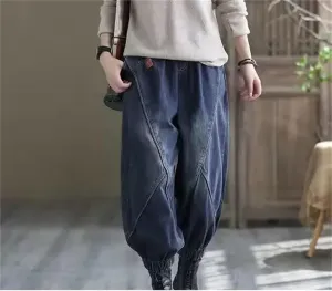 Woman Denim Harem Pants Baggy Jeans for Women Embroidery Elastic High Waist Jeans Female Jeans