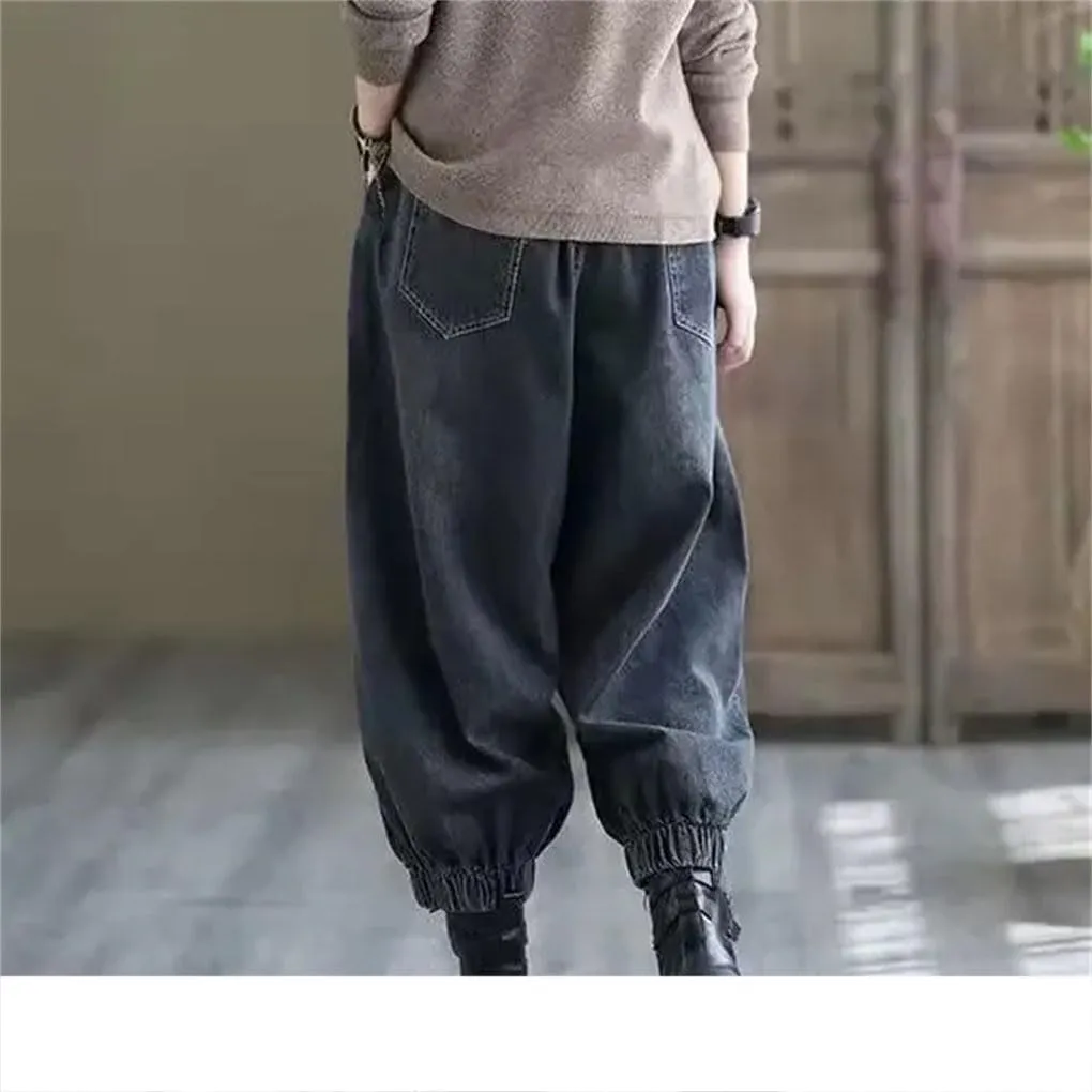 Woman Denim Harem Pants Baggy Jeans for Women Embroidery Elastic High Waist Jeans Female Jeans