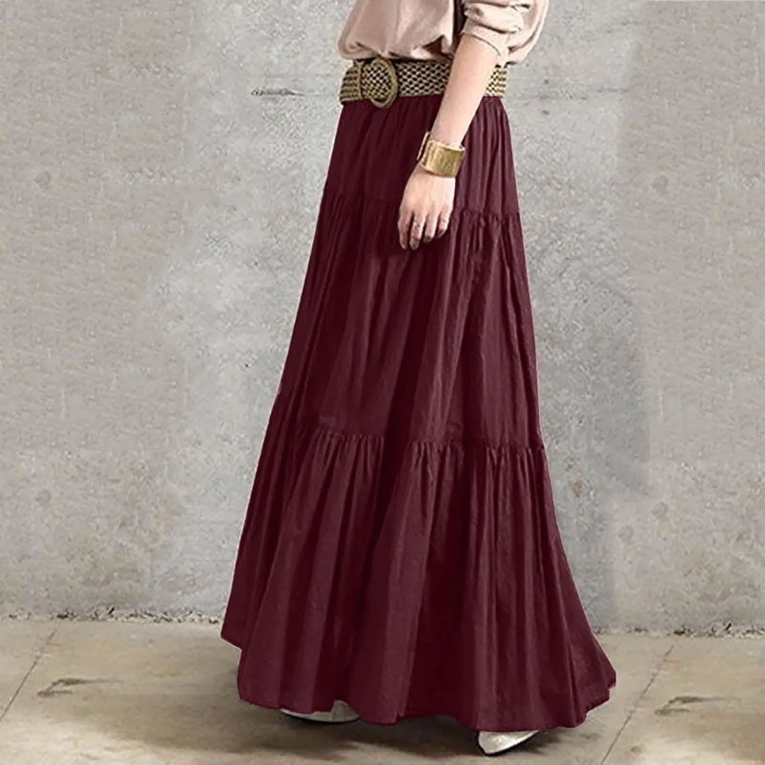 Women Boho Elastic Waist A Line Ruffle Beach Convertible Maxi Skirt Dress Tired Pleated Drawstring Long Skirts