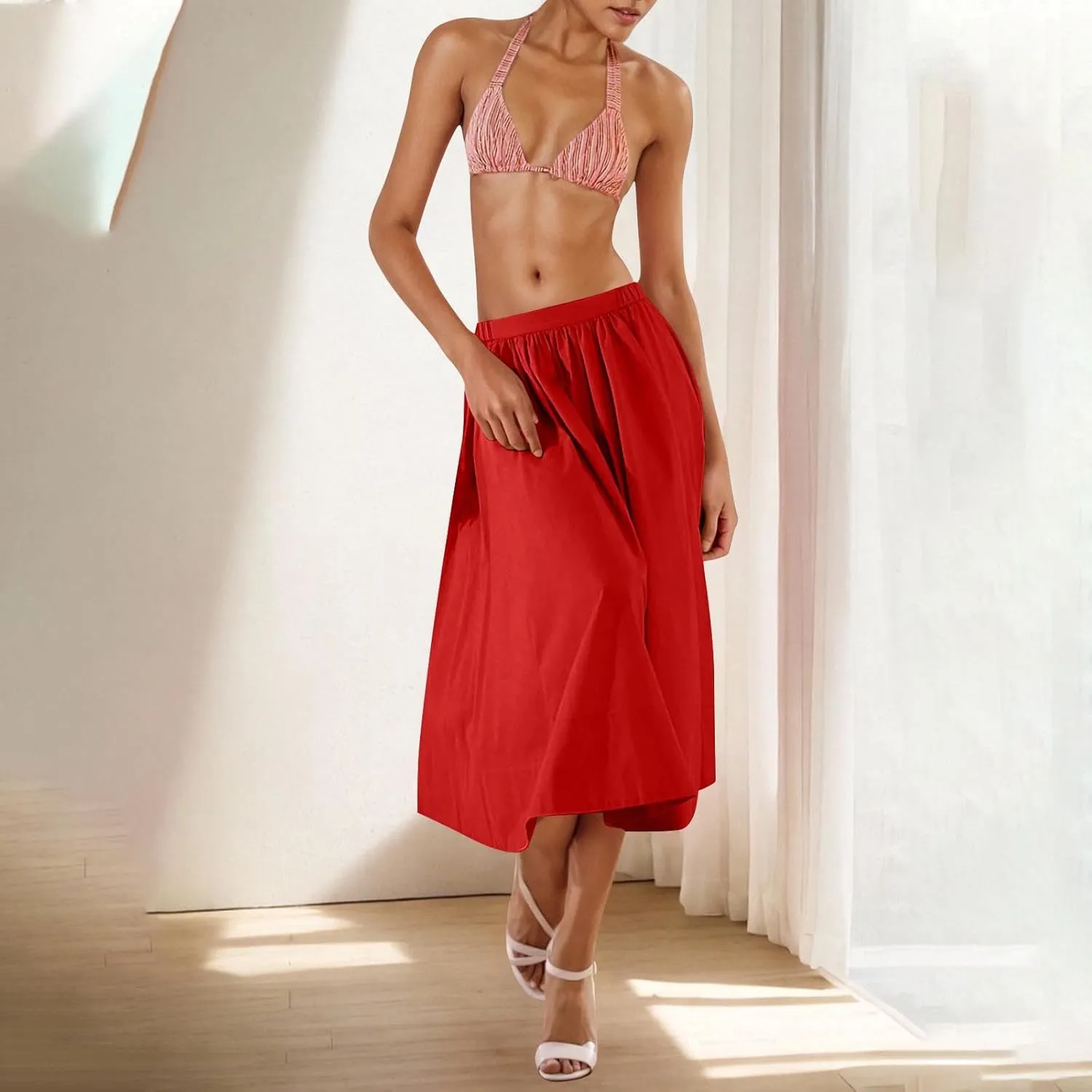 Women Casual Midi Skirt Summer Business Pleated Skirts Elastic High Waist Flowy A Line Dress Beach Vacation Clothes