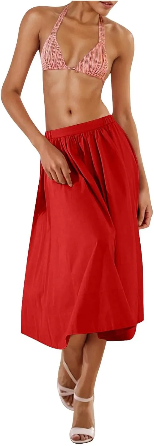Women Casual Midi Skirt Summer Business Pleated Skirts Elastic High Waist Flowy A Line Dress Beach Vacation Clothes