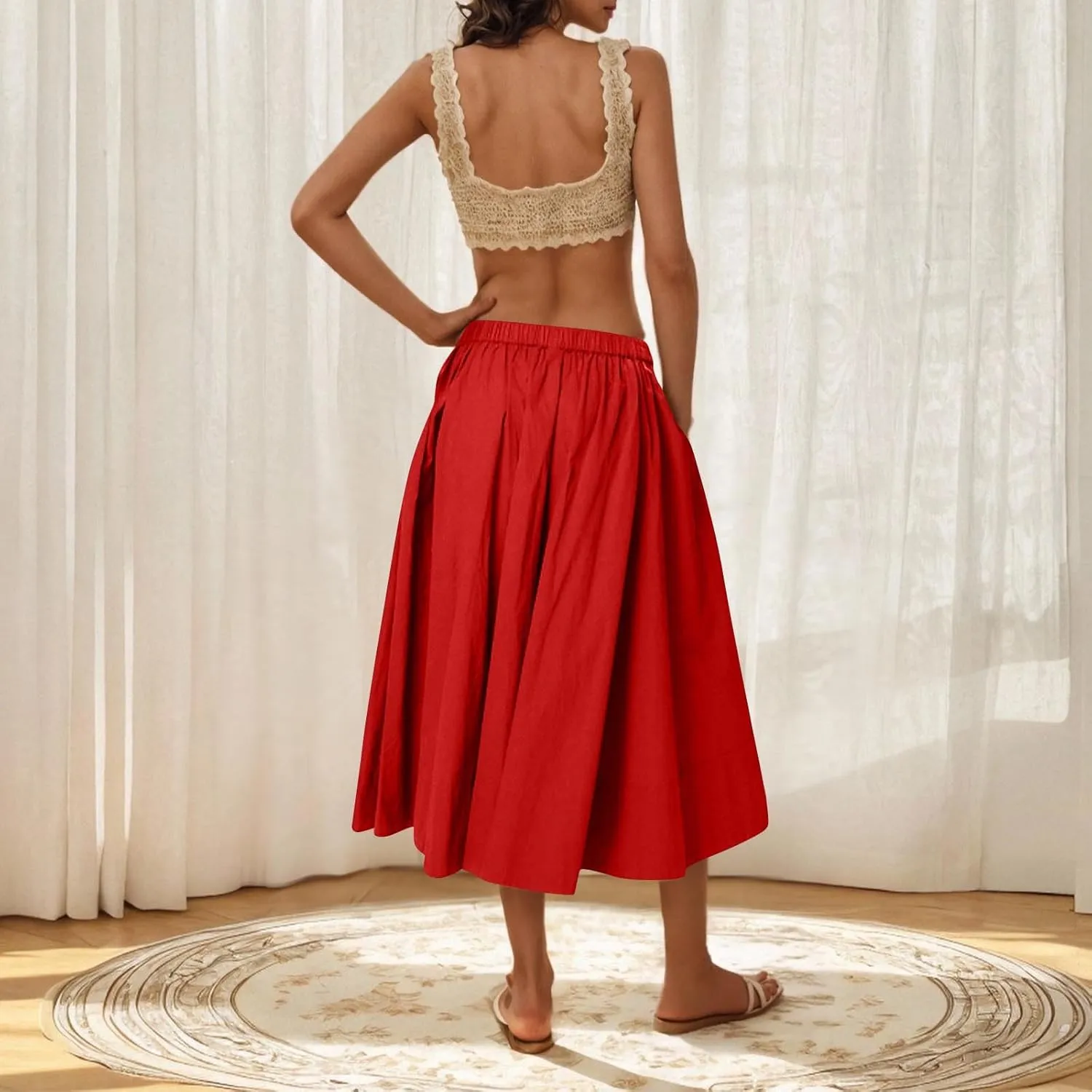 Women Casual Midi Skirt Summer Business Pleated Skirts Elastic High Waist Flowy A Line Dress Beach Vacation Clothes
