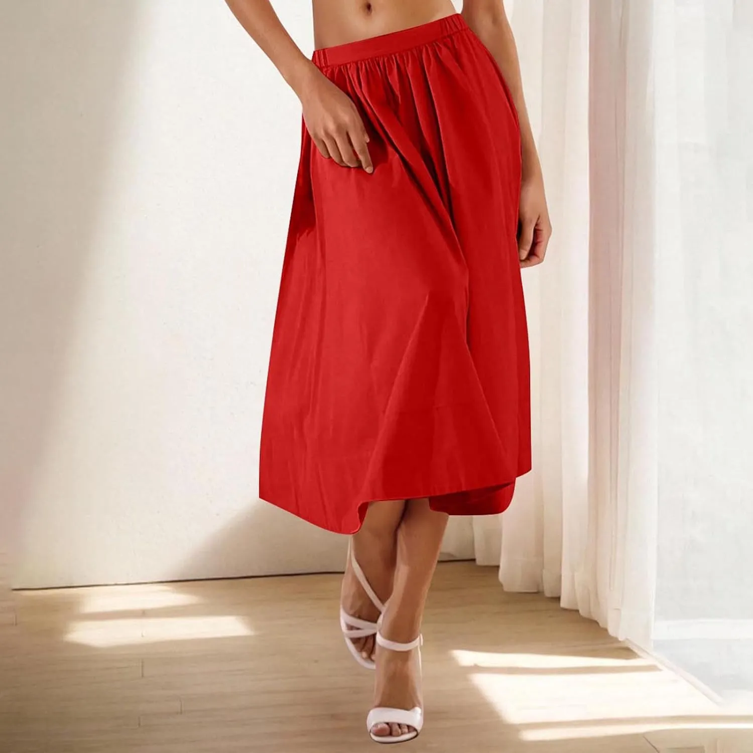 Women Casual Midi Skirt Summer Business Pleated Skirts Elastic High Waist Flowy A Line Dress Beach Vacation Clothes