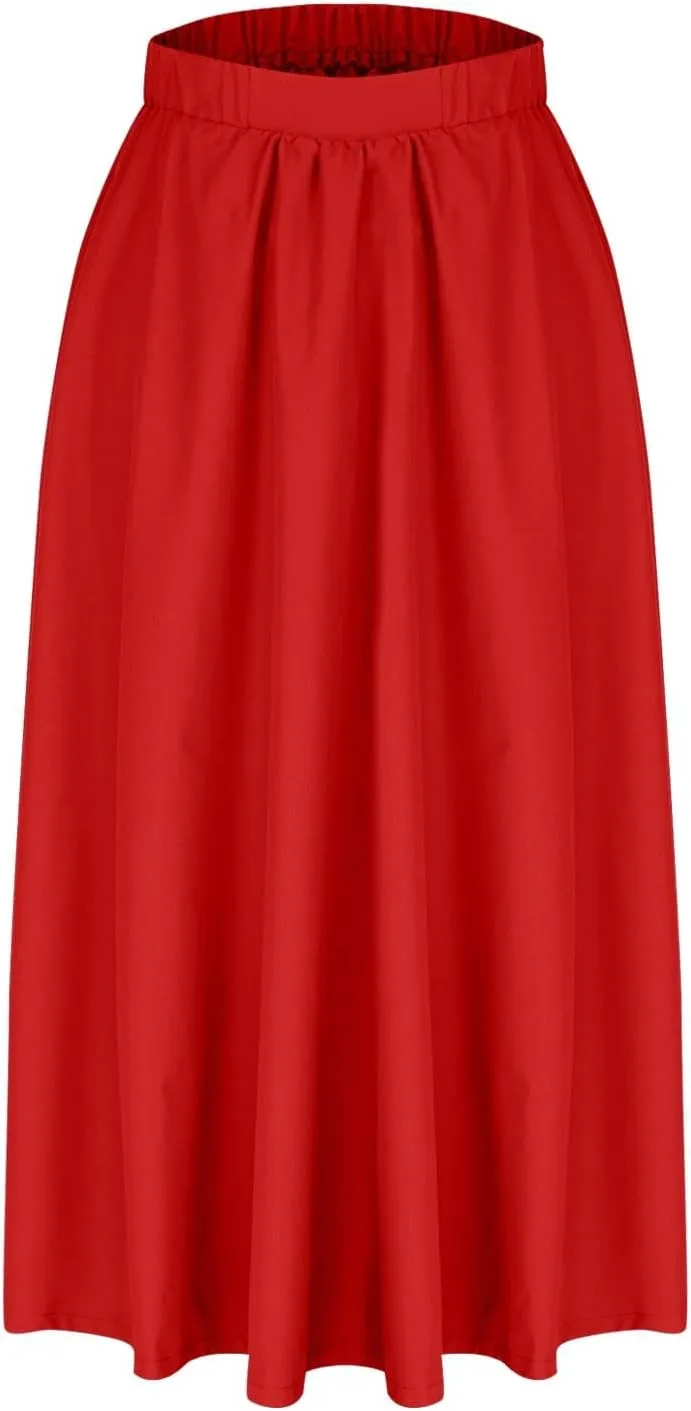 Women Casual Midi Skirt Summer Business Pleated Skirts Elastic High Waist Flowy A Line Dress Beach Vacation Clothes