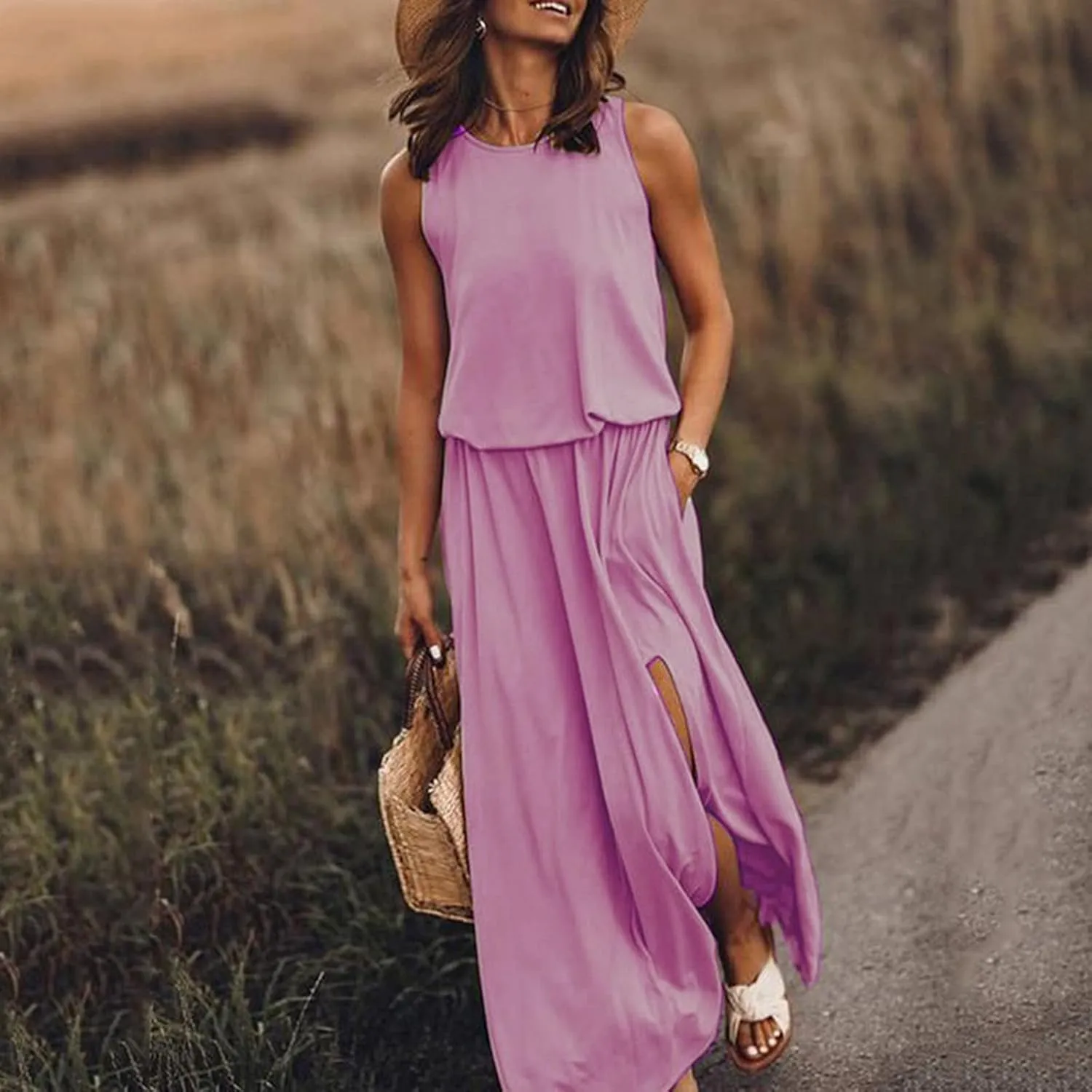 Women Casual Sleeveless Summer Dress 2025 Spring Sexy Sleeveless Crewneck Boho Sundress Fork Opening Beach Maxi Dress