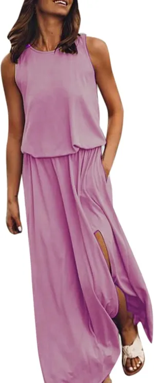 Women Casual Sleeveless Summer Dress 2025 Spring Sexy Sleeveless Crewneck Boho Sundress Fork Opening Beach Maxi Dress
