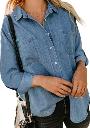 Women Denim Shirt Collared Jean Shirts Long Sleeve Button Down Blouses with Pockets Classic Basic Solid Blouse Jacket
