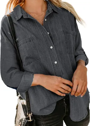 Women Denim Shirt Collared Jean Shirts Long Sleeve Button Down Blouses with Pockets Classic Basic Solid Blouse Jacket