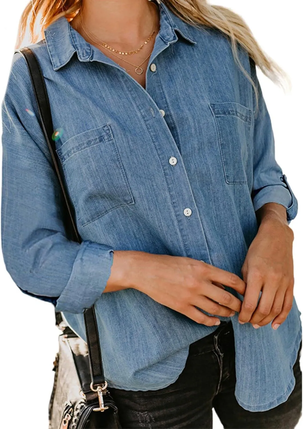 Women Denim Shirt Collared Jean Shirts Long Sleeve Button Down Blouses with Pockets Classic Basic Solid Blouse Jacket