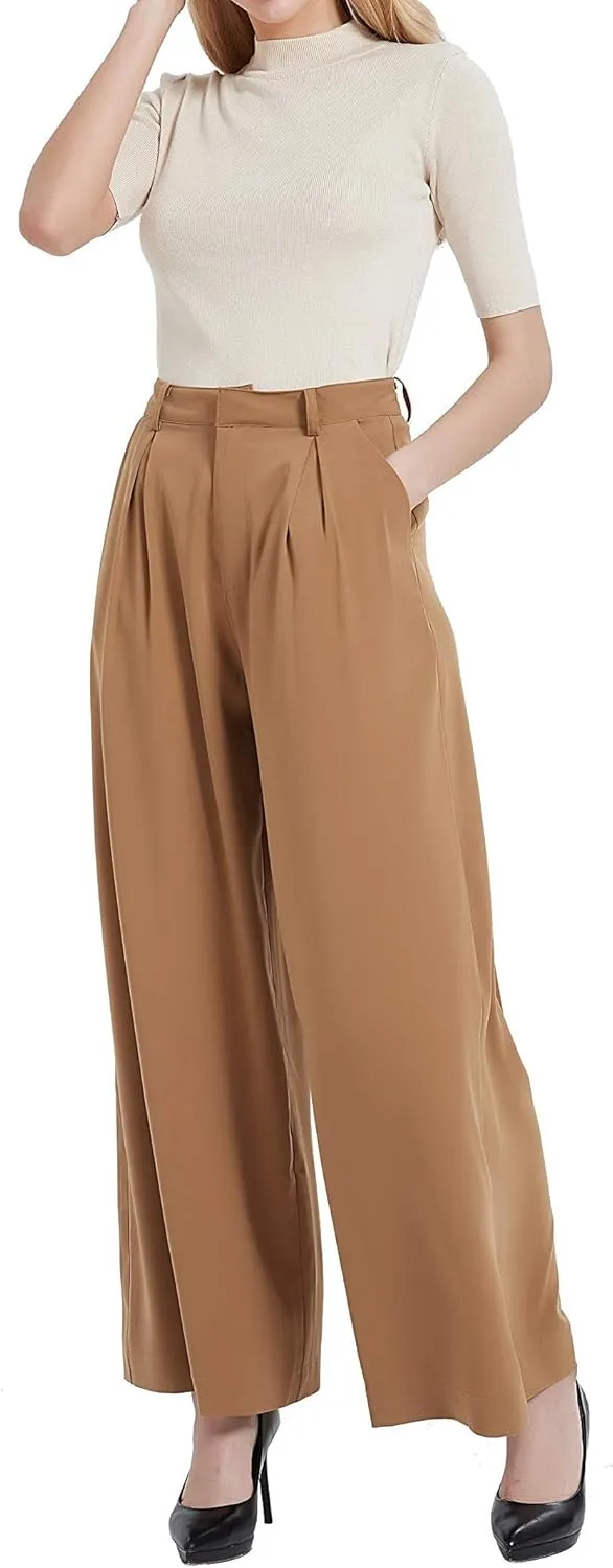 Women High Waist Casual Wide Leg Pants Elegant Work Pants Palazzo Pants Trousers with Pockets Lounge Pants Flowy