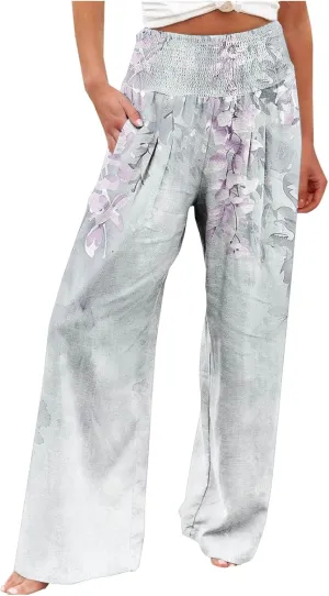 Women High Waisted Wide Leg Pants Fashion Graphic Linen Pants Summer Pants Casual Pants Trousers with Pockets