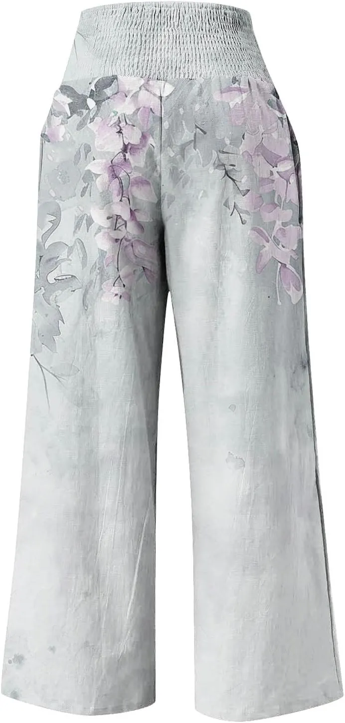 Women High Waisted Wide Leg Pants Fashion Graphic Linen Pants Summer Pants Casual Pants Trousers with Pockets