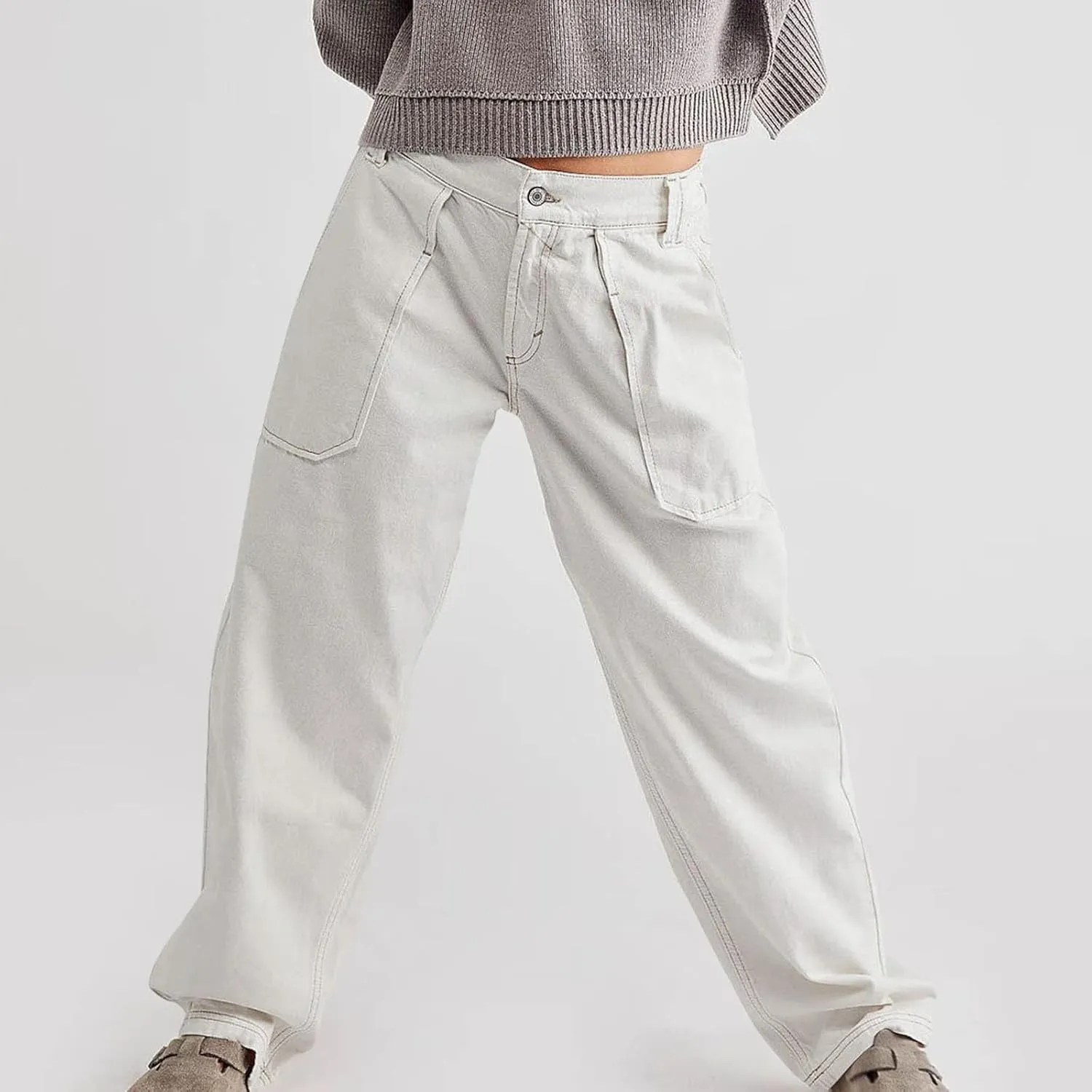Women Jeans Ladies Stretch Trousers Casual Pants High Waisted Denim Jeans Straight Leg Jeans Loose Baggy Trousers