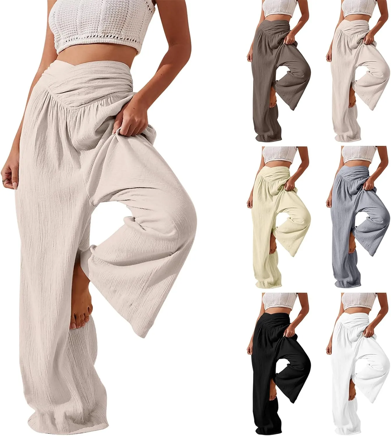 Women Linen Pants Crossover Wide Leg Pants Dressy Palazzo Pants Summer Boho Pants with Pocket Casual Lounge Pant