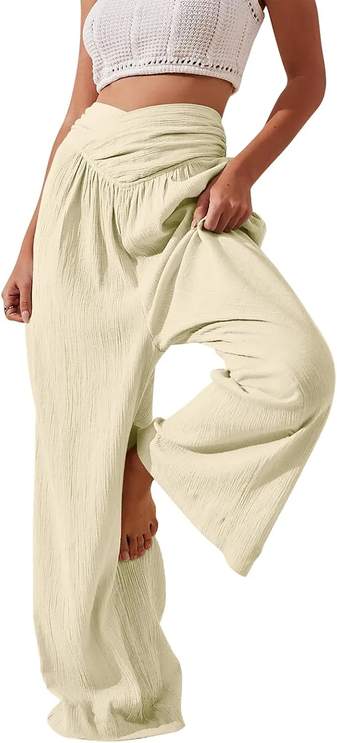 Women Linen Pants Crossover Wide Leg Pants Dressy Palazzo Pants Summer Boho Pants with Pocket Casual Lounge Pant
