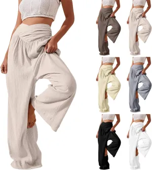 Women Linen Pants Crossover Wide Leg Pants Dressy Palazzo Pants Summer Boho Pants with Pocket Casual Lounge Pant
