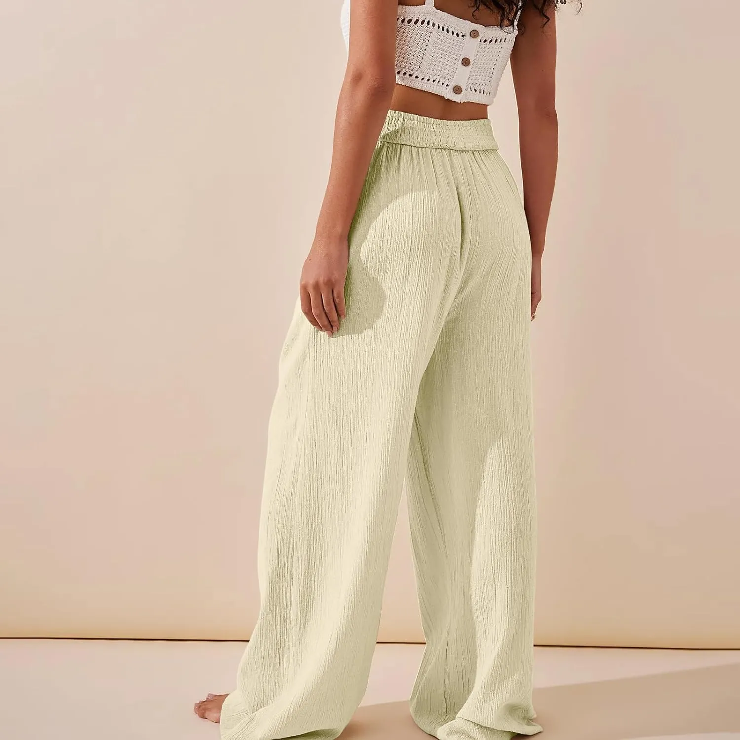 Women Linen Pants Crossover Wide Leg Pants Dressy Palazzo Pants Summer Boho Pants with Pocket Casual Lounge Pant