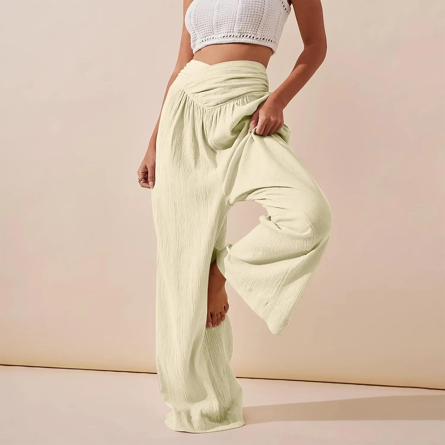 Women Linen Pants Crossover Wide Leg Pants Dressy Palazzo Pants Summer Boho Pants with Pocket Casual Lounge Pant