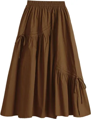 Women Midi Skirts Women's Solid Color Casual Slimming Pleated Lacing Medium Length Large Swing A Line Skirt