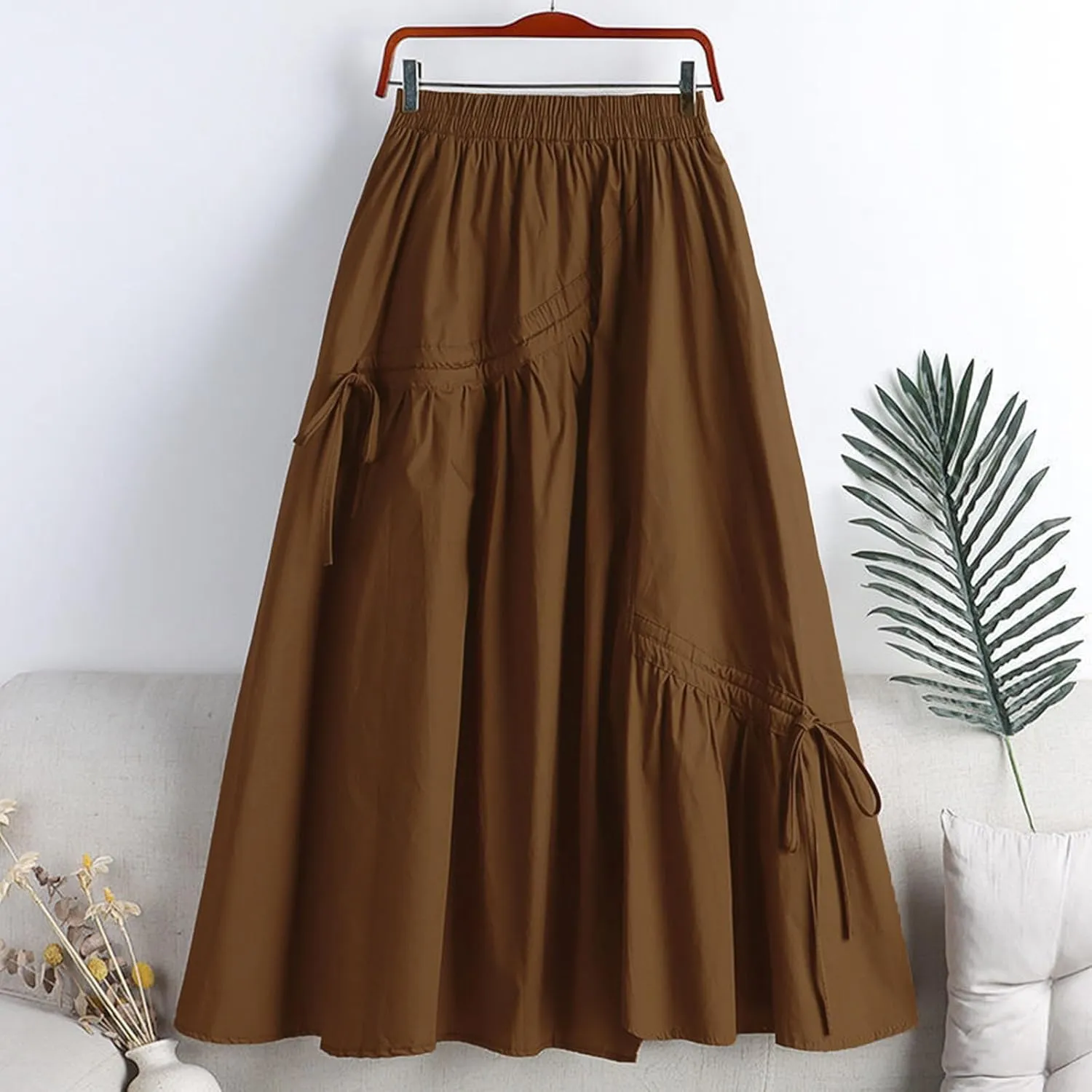 Women Midi Skirts Women's Solid Color Casual Slimming Pleated Lacing Medium Length Large Swing A Line Skirt