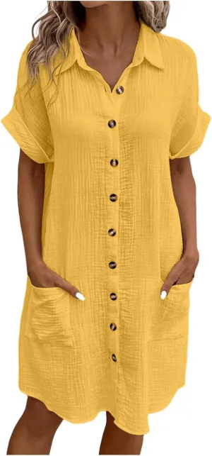 Women Summer Cotton Linen Button Down Dress Short Sleeve Dresses Floral V Neck Beach Tshirt Dress with Pockets 2025