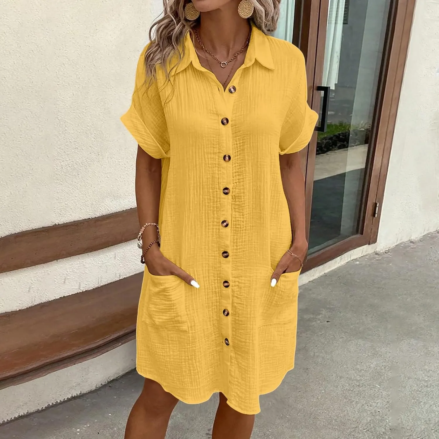 Women Summer Cotton Linen Button Down Dress Short Sleeve Dresses Floral V Neck Beach Tshirt Dress with Pockets 2025