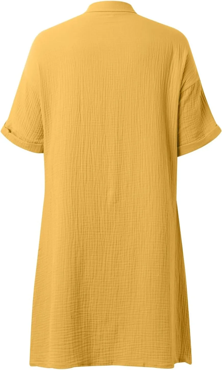 Women Summer Cotton Linen Button Down Dress Short Sleeve Dresses Floral V Neck Beach Tshirt Dress with Pockets 2025