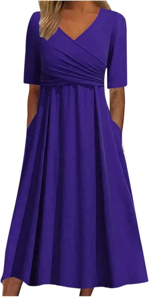 Women Summer Short Sleeve Casual Dresses V-Neck Floral Party Dress with Pockets Vintage Short Sleeve Flared Midi Summer Dress