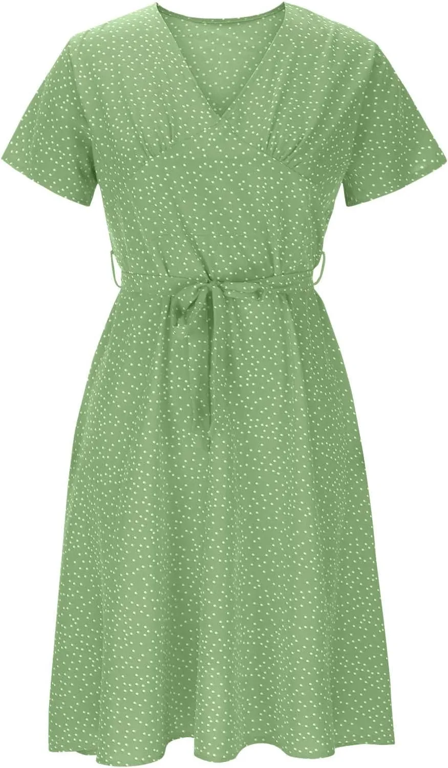 Women Summer Short Sleeve Casual Midi Dresses V Neck Floral Sundress Faux Wrap Dress with Pocket Chiffon Floral Beach Dresses