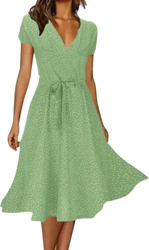 Women Summer Short Sleeve Casual Midi Dresses V Neck Floral Sundress Faux Wrap Dress with Pocket Chiffon Floral Beach Dresses