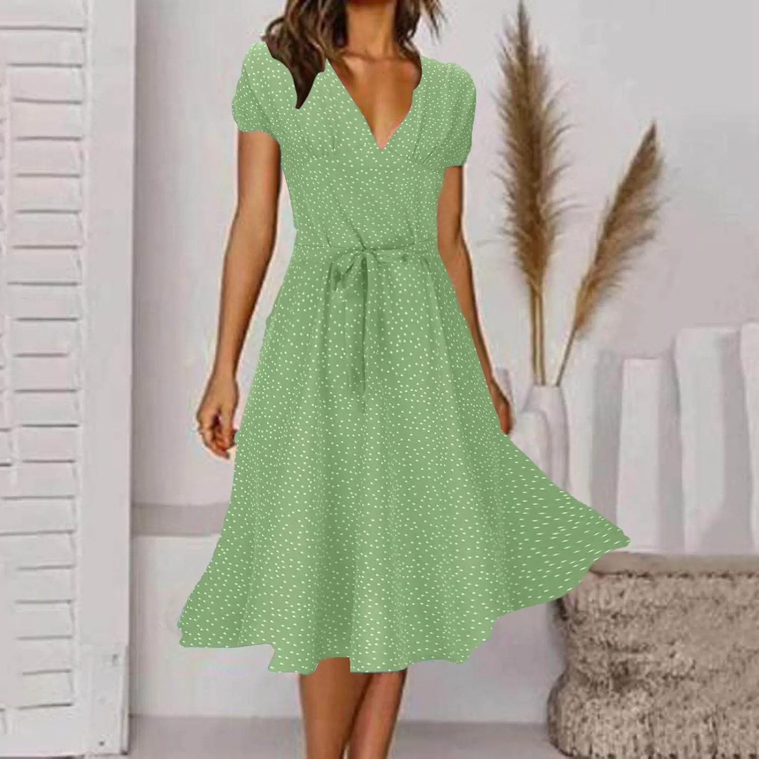 Women Summer Short Sleeve Casual Midi Dresses V Neck Floral Sundress Faux Wrap Dress with Pocket Chiffon Floral Beach Dresses