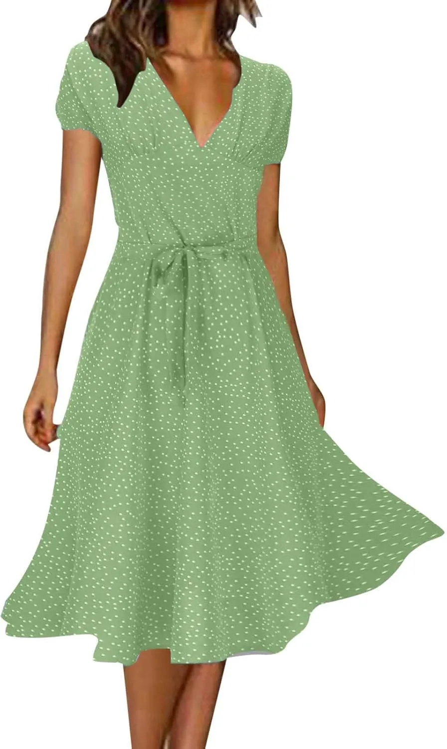 Women Summer Short Sleeve Casual Midi Dresses V Neck Floral Sundress Faux Wrap Dress with Pocket Chiffon Floral Beach Dresses