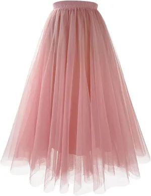 Women Tulle Skirts A Line Flowy Skirts Elastic Waist Tutu Skirts Pleated Dance Skirts Summer Mesh Skirts Puffy Skirt
