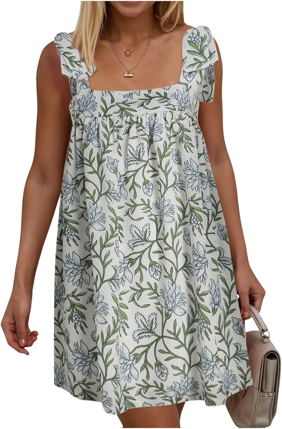 Women Y2K Tie Shoulder Mini Dress Bow Babydoll Ruffle Short Dresses Summer Boho Floral Flowy Beach Sundress